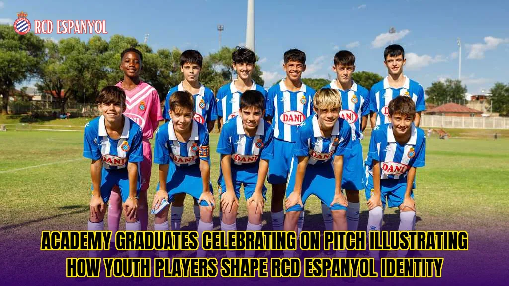 Academy graduates celebrating on pitch illustrating how youth players shape RCD Espanyol identity