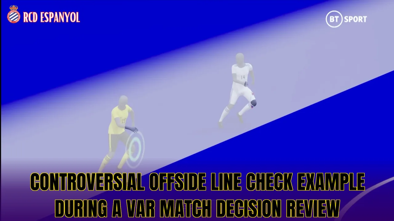 Controversial offside line check example during a VAR match decision review