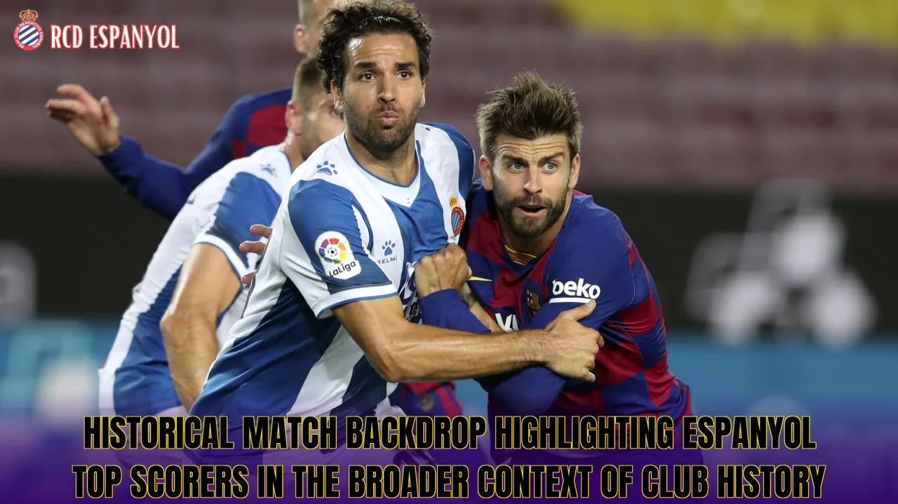Historical match backdrop highlighting Espanyol top scorers in the broader context of club history