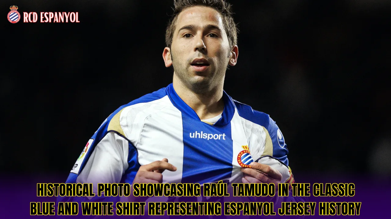 Historical photo showcasing Raúl Tamudo in the classic blue and white shirt representing Espanyol jersey history