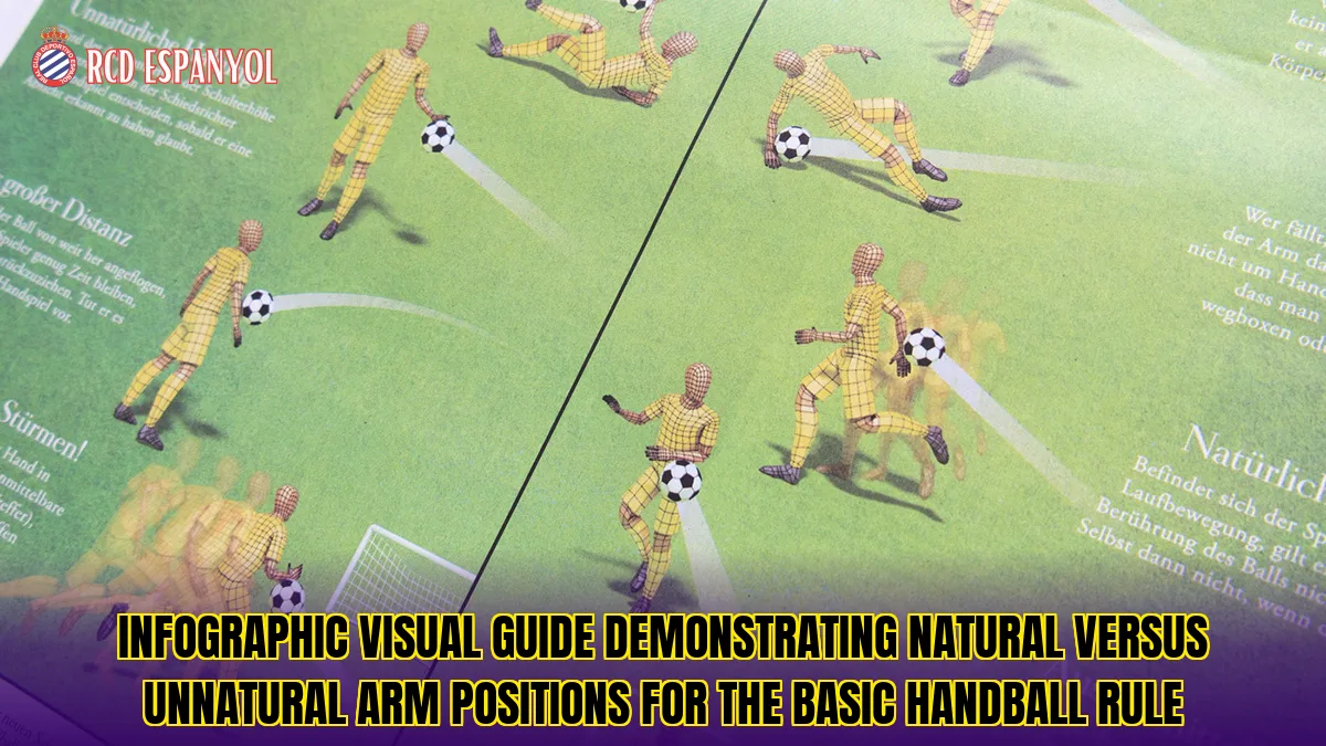 Infographic visual guide demonstrating natural versus unnatural arm positions for the basic handball rule