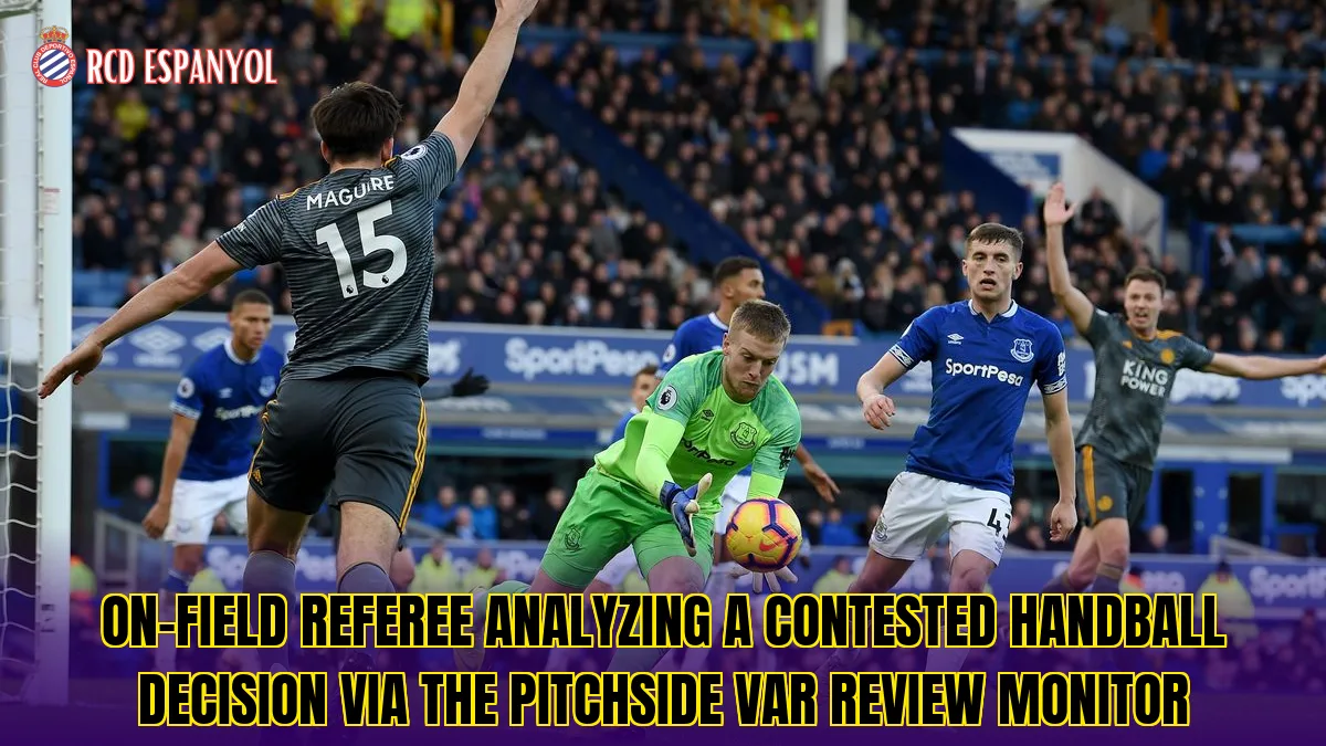 On-field referee analyzing a contested handball decision via the pitchside VAR review monitor