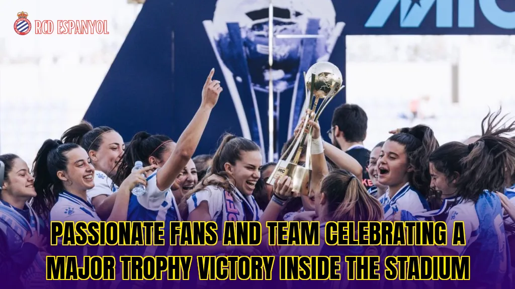 Passionate fans and team celebrating a major trophy victory inside the stadium