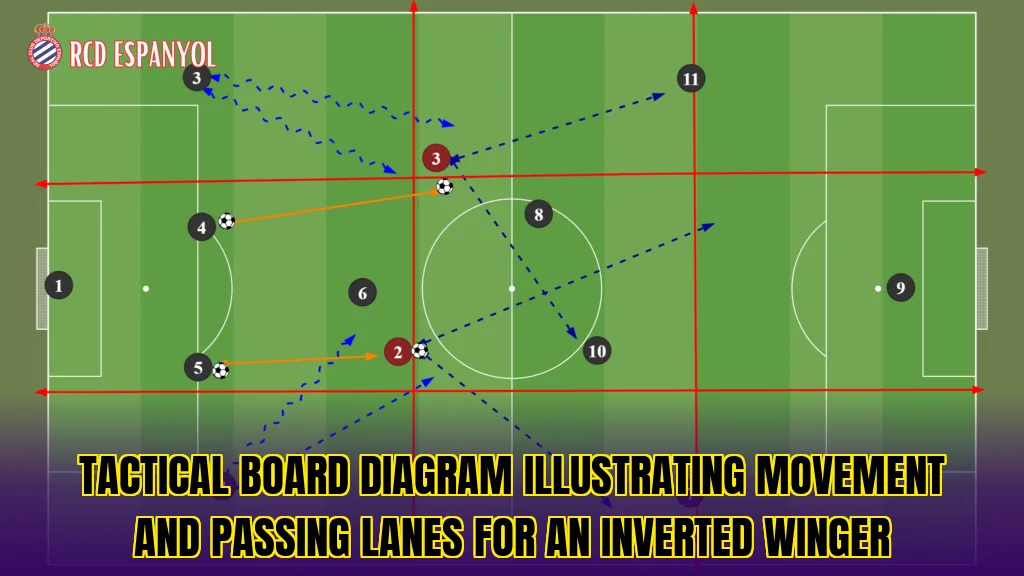 Tactical board diagram illustrating movement and passing lanes for an inverted winger