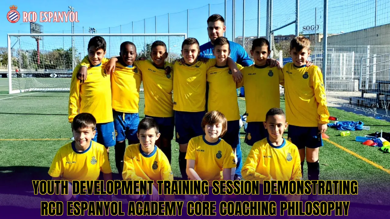 Youth development training session demonstrating RCD Espanyol academy core coaching philosophy